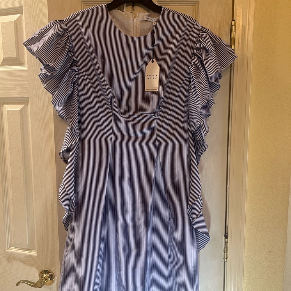 New English Factory Blue and White Striped Ruffle Dress